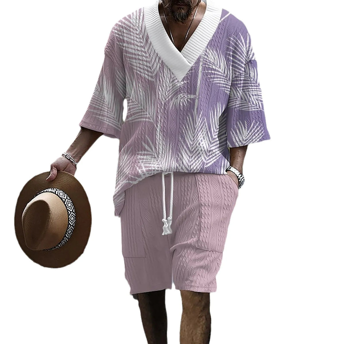 Men's printed drop-shoulder knitted top and shorts suit set in a grey colour.