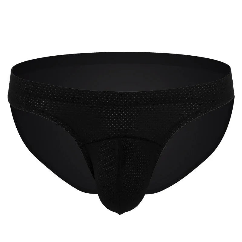 Men's transparent loose nylon underwear shown in blue colour on a size chart
