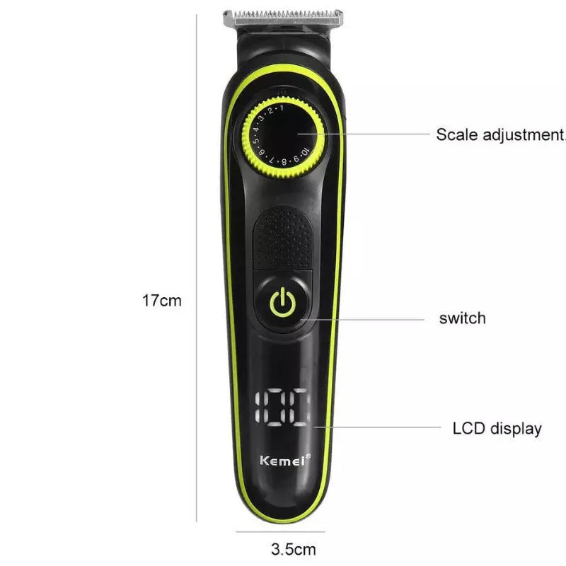 Black KM-696 rechargeable electric hair clipper with stainless steel blades and cleaning brush.