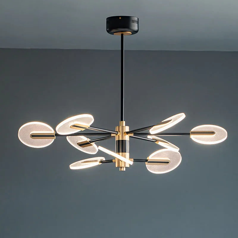 Nordic iron LED chandelier with multiple heads in acrylic detailing hanging from ceiling