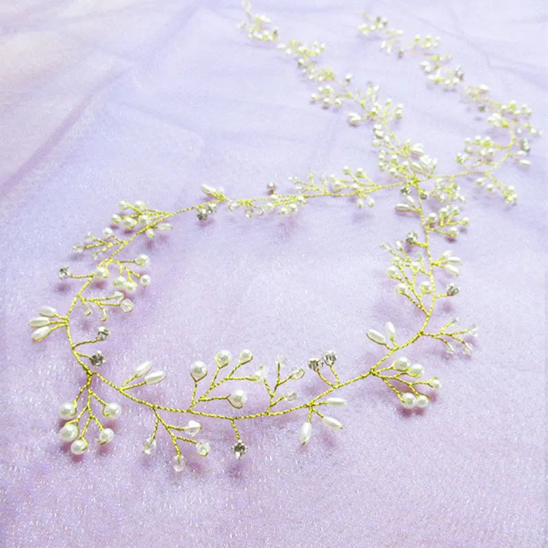 Bride's wedding hair band with crystal pearl detailing on colour-preserving wire in gold, silver, rose gold or silver KC finish