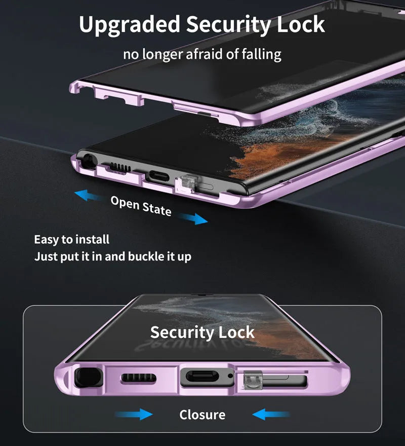 Samsung S24 Ultra phone case with magnetic frame and mirror privacy screen in multiple colour options.