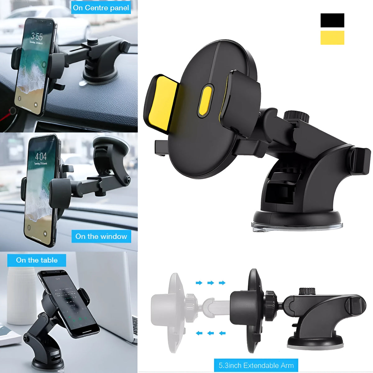 Yellow car phone holder with telescopic arm and suction cup mounted on dashboard showing 360-degree rotation