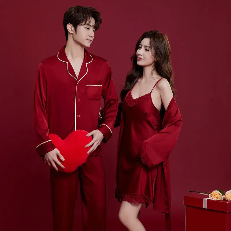 Red men's and women's ice silk loungewear set with long sleeves and trouser-length trousers