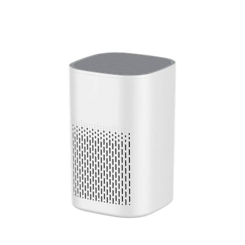 Simple style desktop air purifier and heater unit with USB cable on a wooden desk