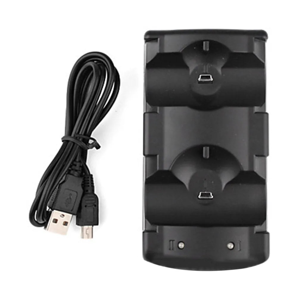 Black PS3 dual controller charging dock with two PS3 wireless controllers inserted