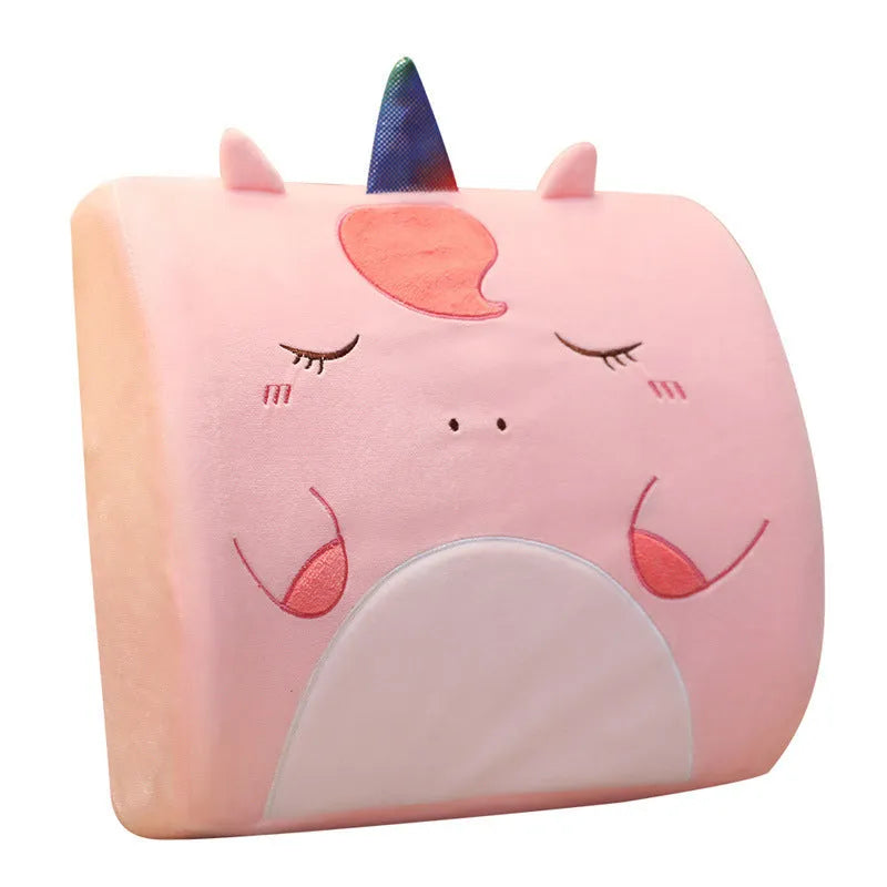 Cartoon character memory foam car cushion with removable core in pink unicorn design on a car seat