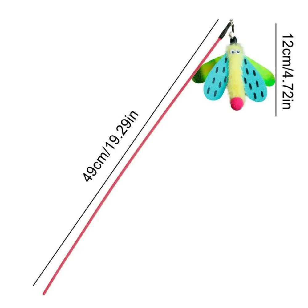 Blue, yellow, and pink dragonfly cat wand toy on a 49cm stick with a bell.