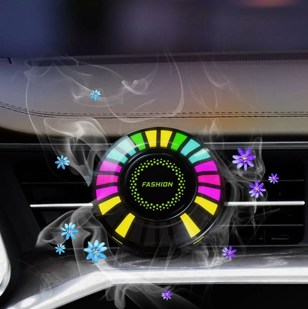 Car air outlet aromatherapy diffuser with RGB rhythm lighting mounted on car vent