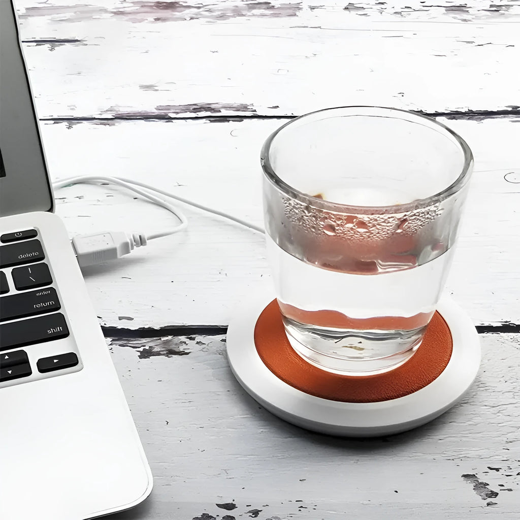USB heated coaster with PU leather surface in black, blue, and orange colours for drink warming