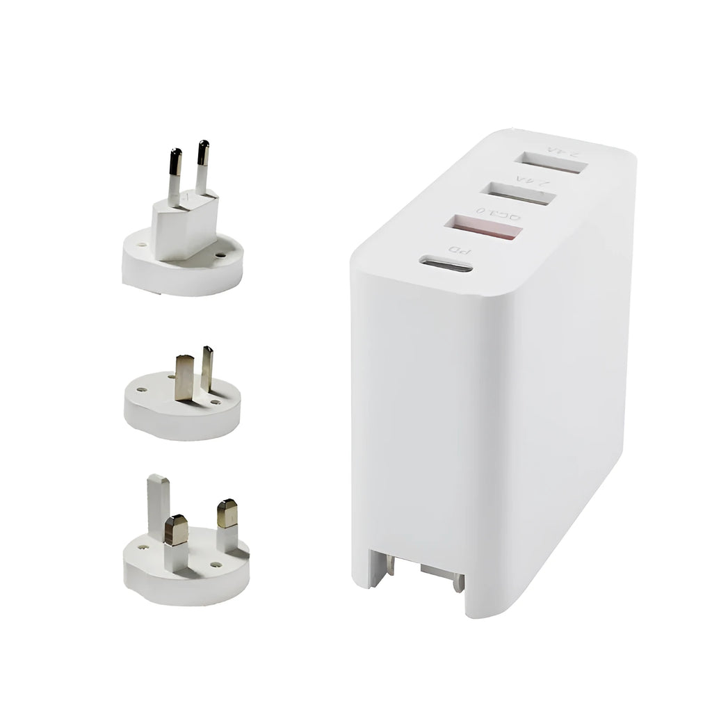 Four-port USB-C wall charger with LED light in black or white colours showing UK, EU, US and AU plug variants