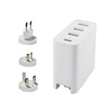 Four-port USB-C wall charger with LED light in black or white colours showing UK, EU, US and AU plug variants