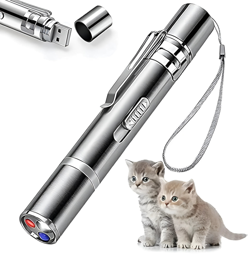 Silver aluminium cat laser toy pointer showing light patterns of a mouse and butterfly on a wall.