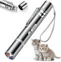 Silver aluminium cat laser toy pointer showing light patterns of a mouse and butterfly on a wall.