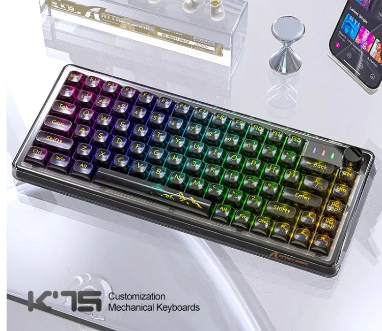 Attack Shark K75RGB wireless mechanical keyboard with transparent white case showing RGB lights and gasket mount.