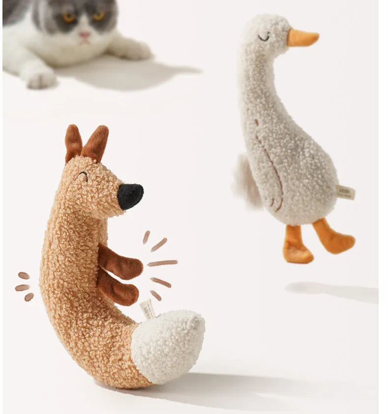 Soft plush dog toy in fox or duckling design with bite-resistant construction.