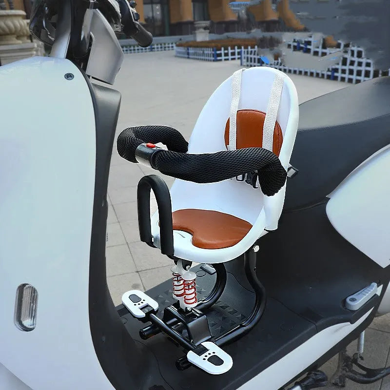 Black high carbon steel front baby seat for child on scooter, dimensions 20cm by 20cm by 53cm