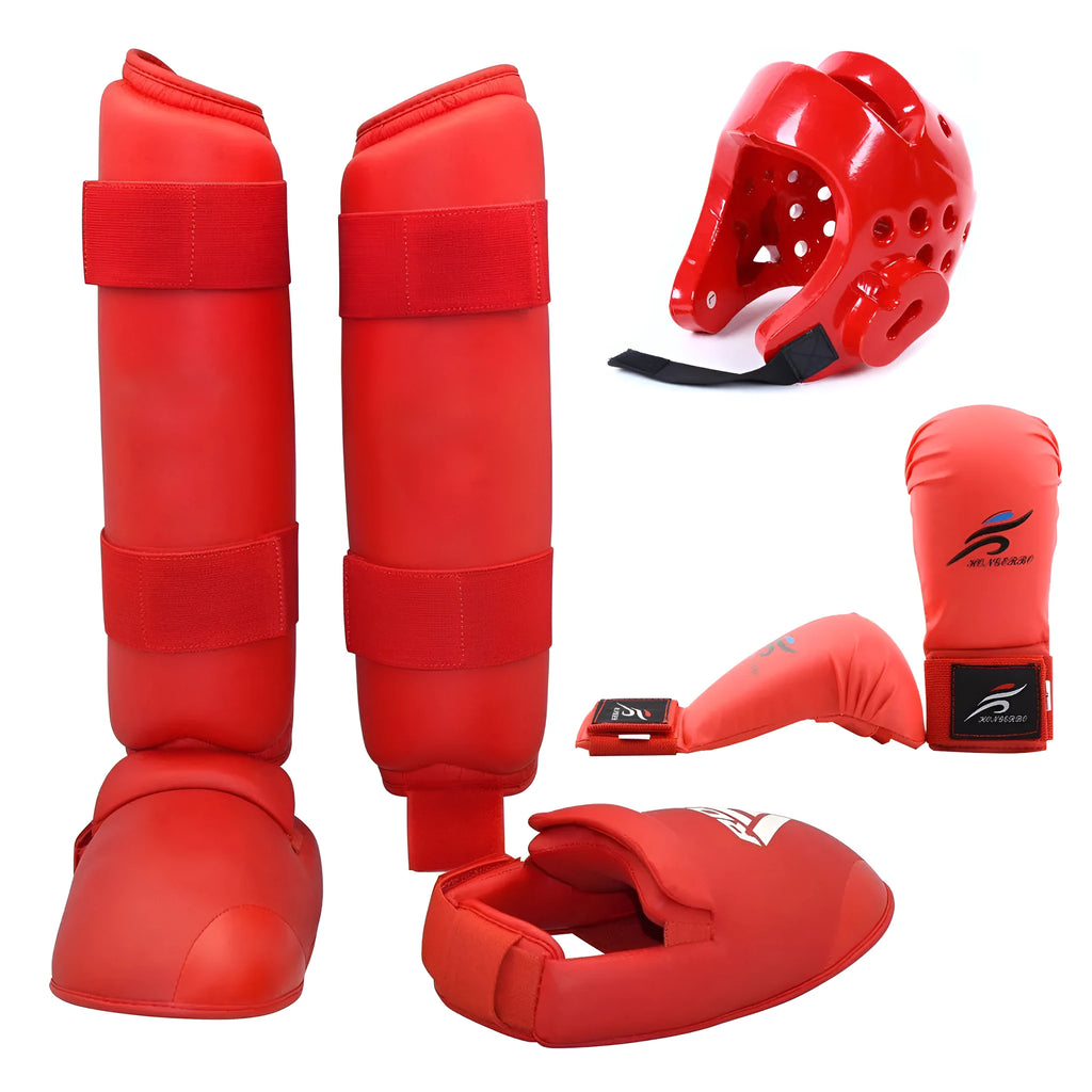 Karate Taekwondo protective gear set with leg guards, helmet and boxing gloves in red or blue colours