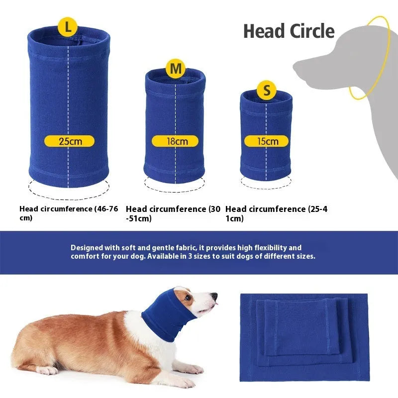 Blue and grey polyester dog headband scarf shown in S, M, L sizes