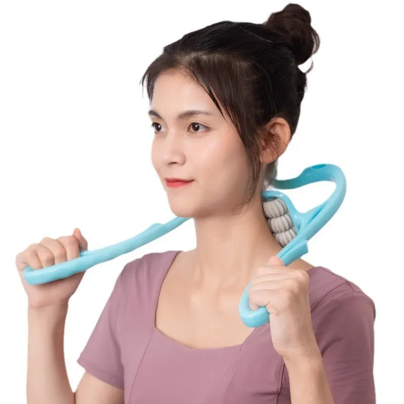 Blue plastic electric back massager with six rotating wheels for neck shoulder and lower back