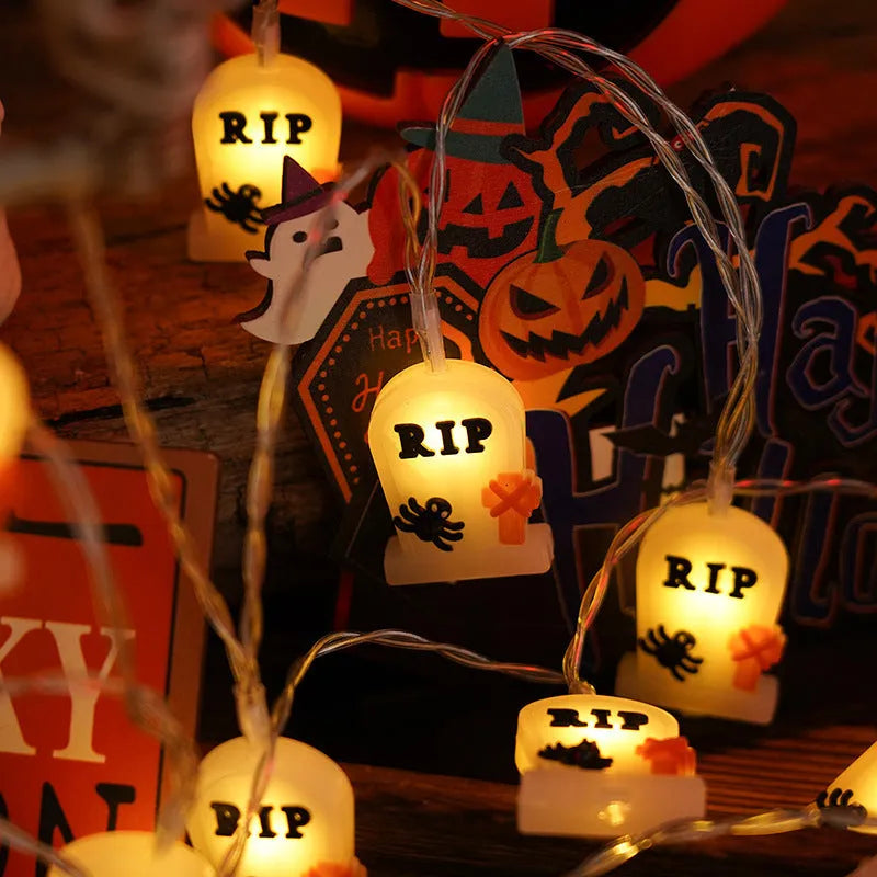Halloween LED string lights with PVC pumpkin ghost bat skull covers, battery box, warm white, IP43, indoor outdoor use