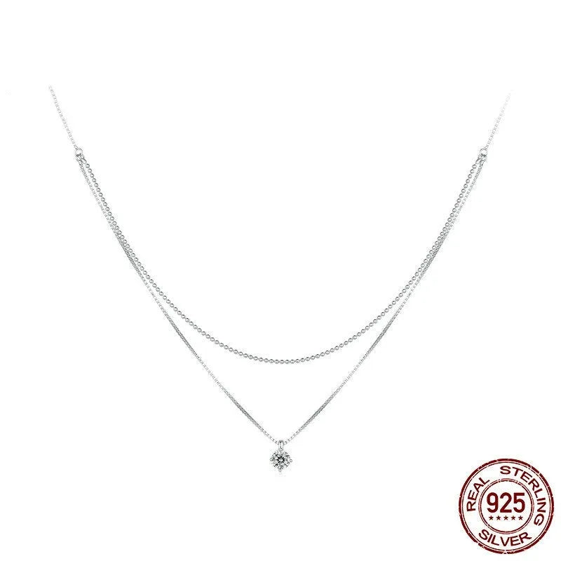 Women's S925 sterling silver double layer pearl chain necklace with shining pendant in silver colour