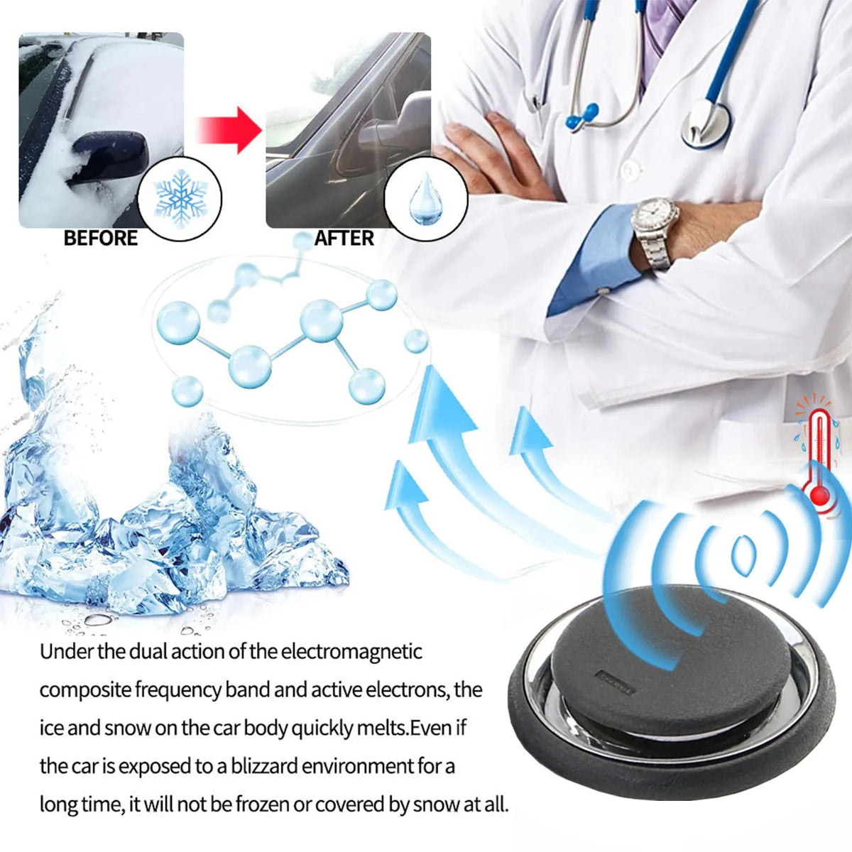 Black portable car deicing instrument for melting snow and ice on windscreens, measuring 7.4cm square