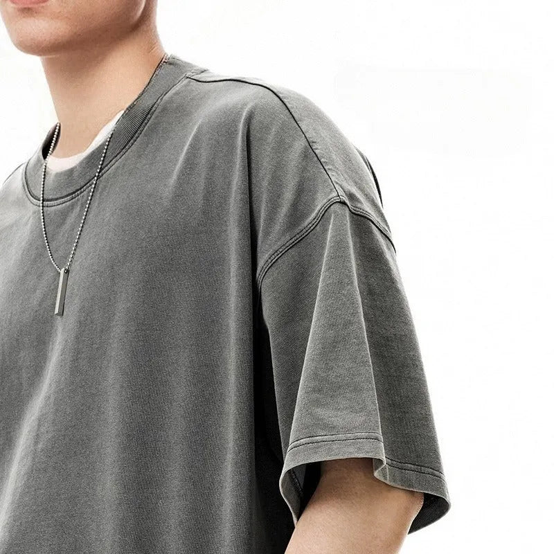 Men's washed-out vintage cotton T-shirt loose fit drop-shoulder sleeves khaki light colour