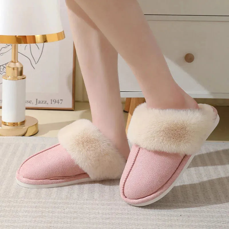 Brown plush women's slippers with a round toe, flat heel, and textured non-slip sole.