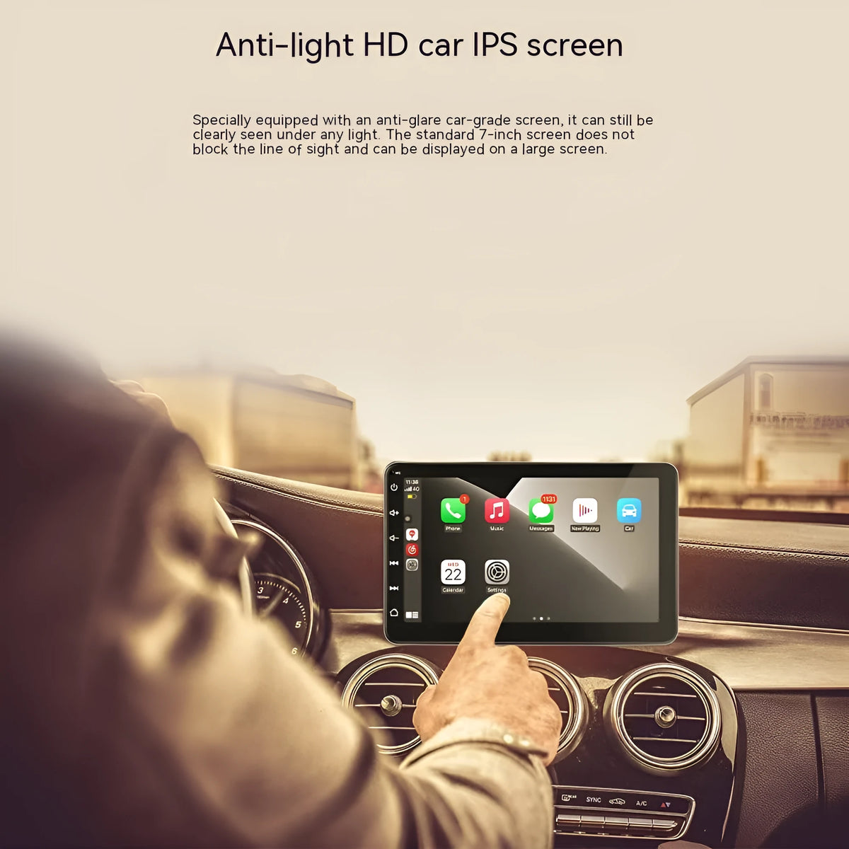 7-inch wireless CarPlay car GPS navigator with universal suction cup mount on dashboard
