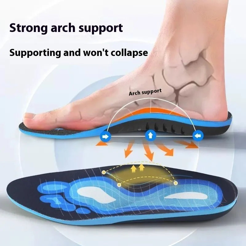 Blue and green flat foot correction PU foam insoles showing arch support pad, with universal size markers.