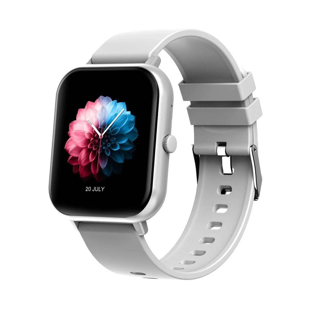 Bluetooth smart watch for heart rate monitoring and step counting on wrist, shown in black, silver grey, pink or khaki.