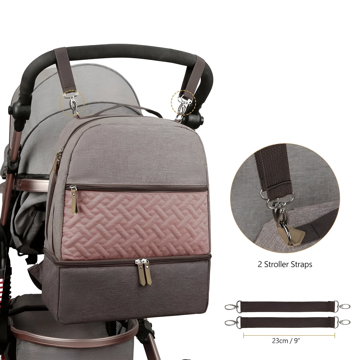 Grey insulated mother and child travel backpack with curved shoulder straps and multiple compartments