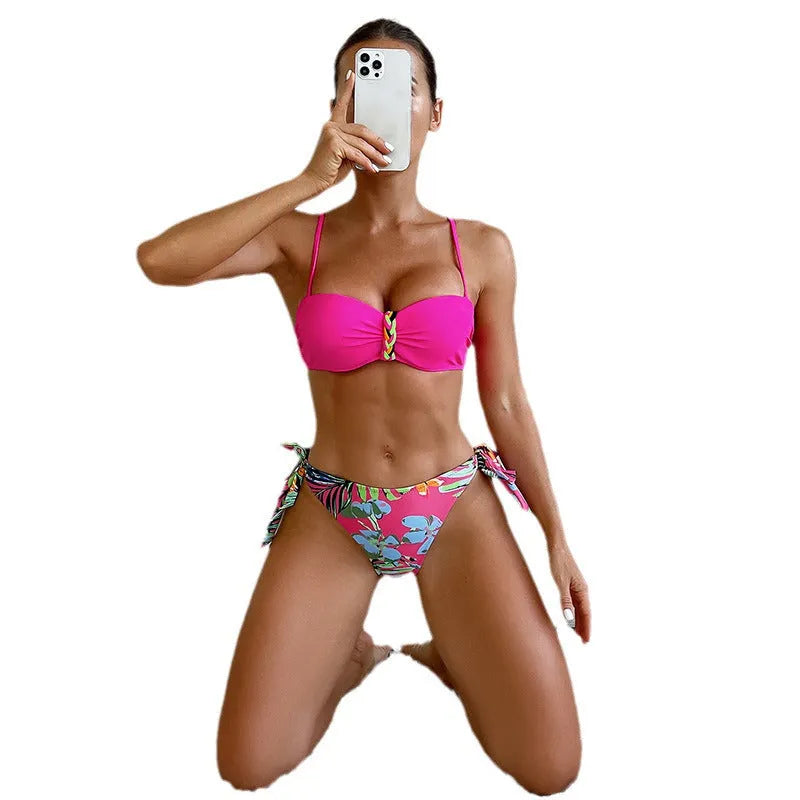 Rose red women's bikini swimsuit with braid rope design in polyester fabric