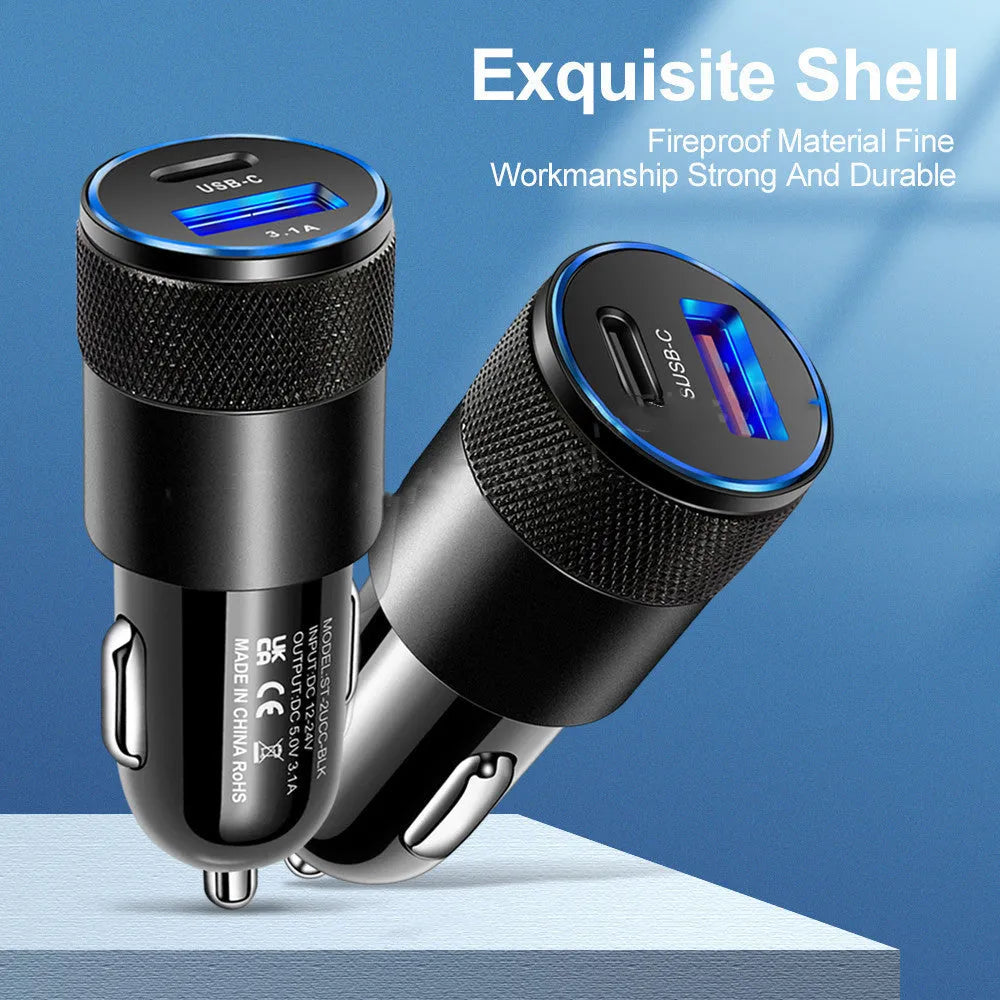 Compact aluminium alloy car mobile phone charger in Black Silver two-tone finish