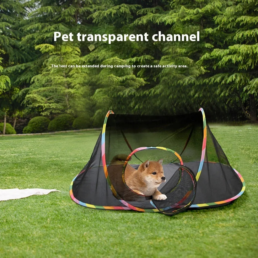 Foldable mesh cat cage in hexagonal style showing breathable fabric and collapsible design