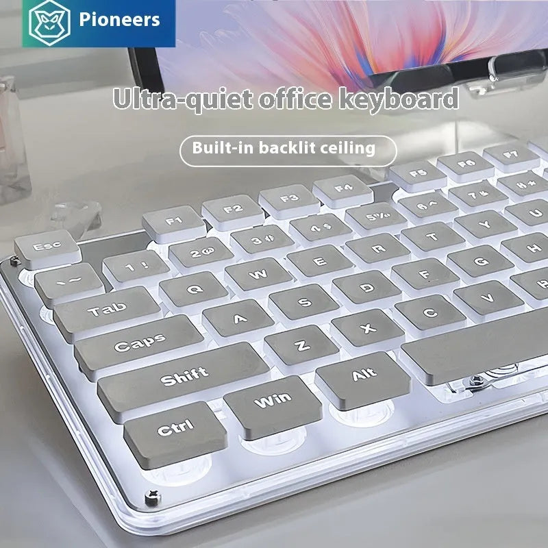 Button mute wired mechanical feel keyboard with backlight options, shown with a 44cm ABS case.