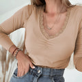 Red women's long sleeve casual pullover top with lace trim detail, slim fit style.