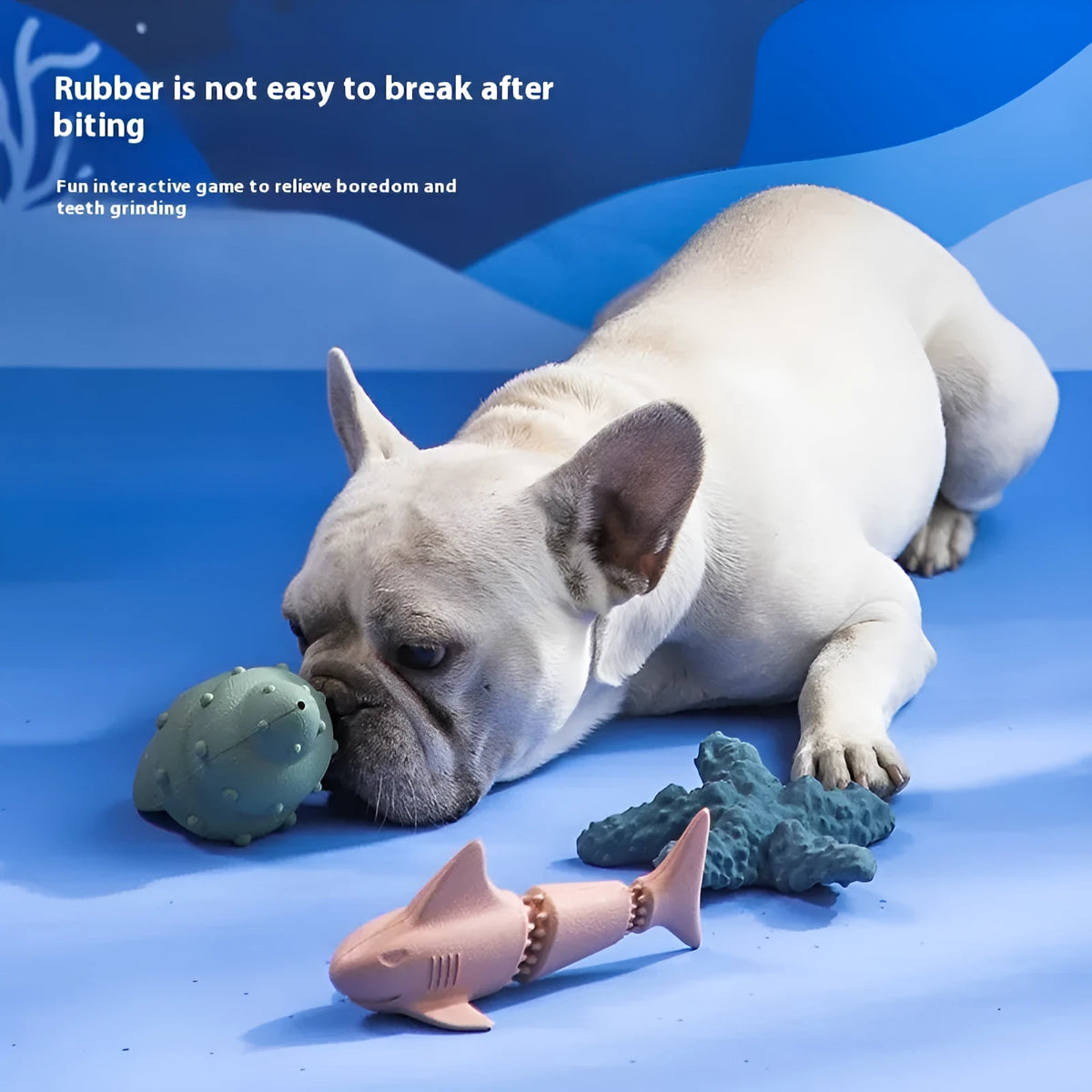 Blue deep sea shark-shaped rubber dog chew toy on a white background.