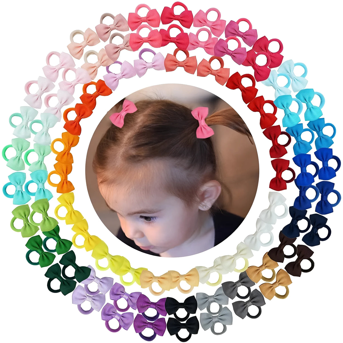 80-piece set of tiny hair ties with grosgrain ribbon bows for baby girls and toddlers in multiple colours