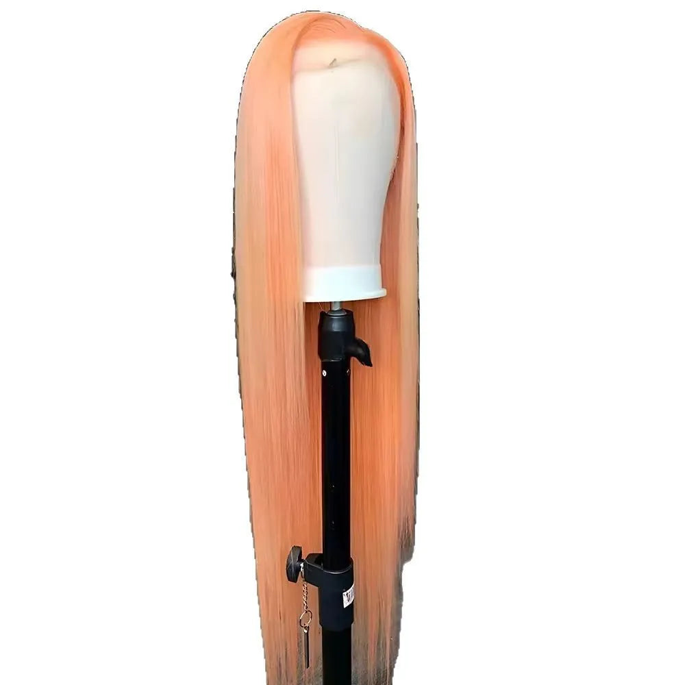 Light orange long straight synthetic wig with front lace and side bangs.