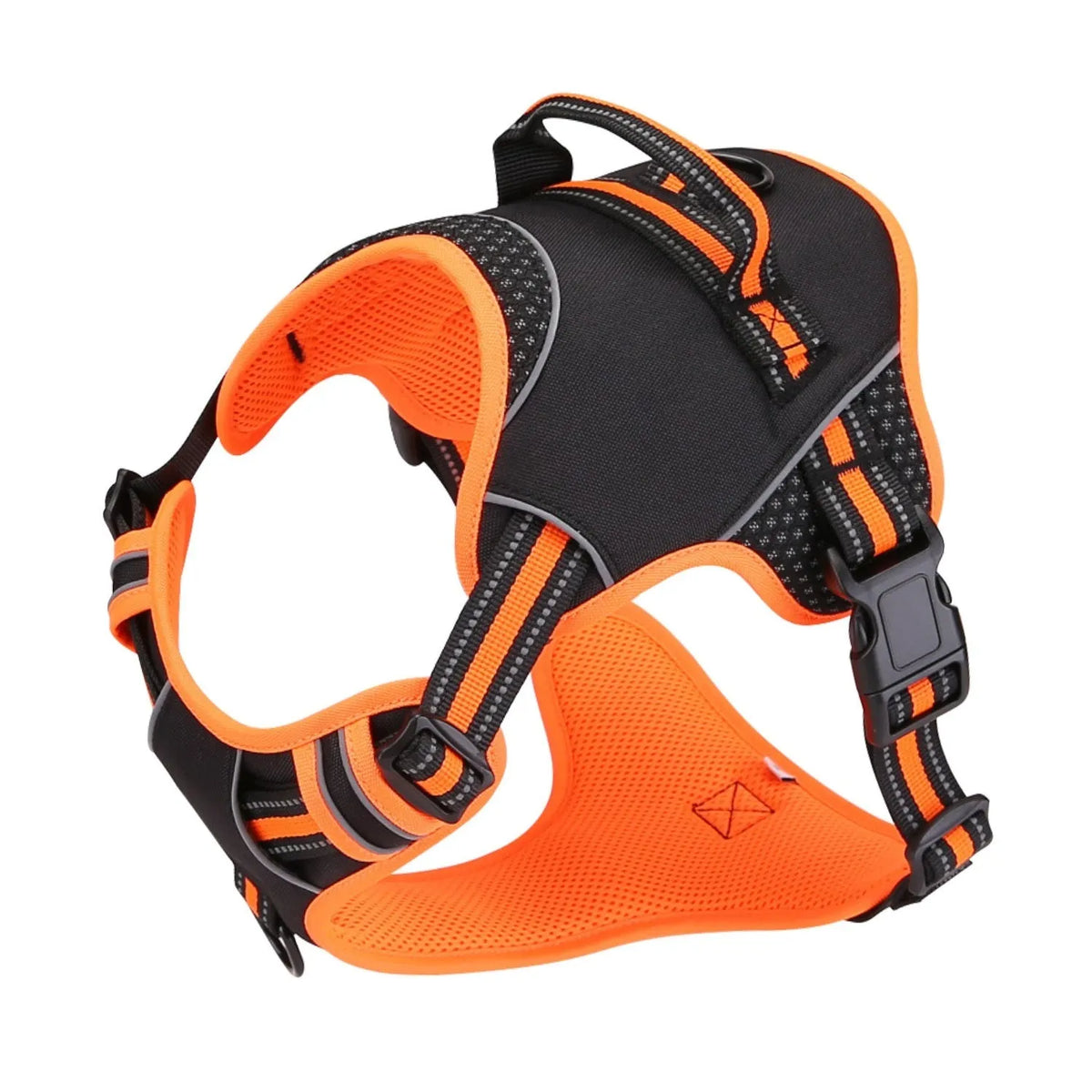 Orange or yellow polyester dog harness and traction strap set on a size label.
