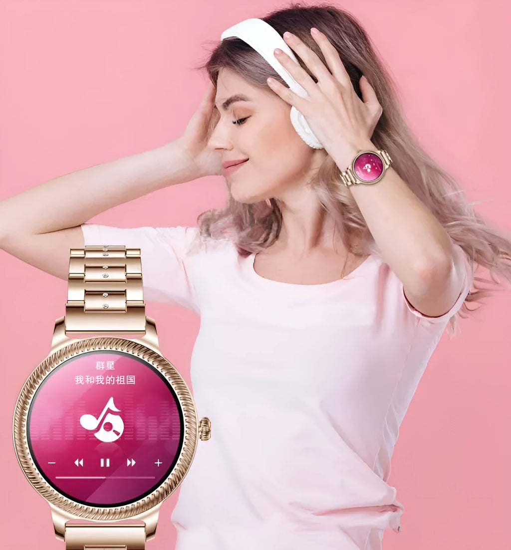 AK38 ladies smart watch with stainless steel bracelet and 1.09-inch display