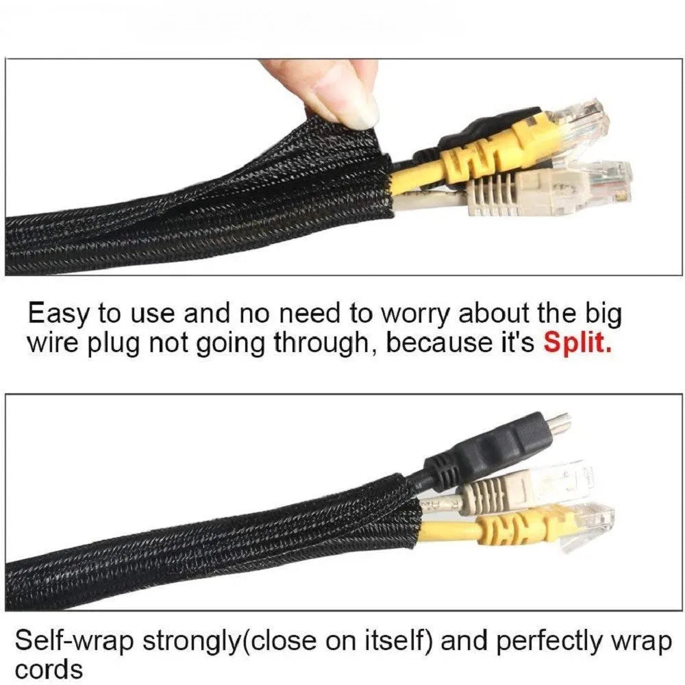 Black self-winding polyester braided sleeve for protecting and organising cables and wires