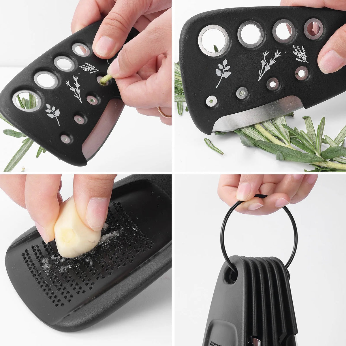 Six stackable kitchen gadget tools and a brush in a colour box, made from stainless steel and polypropylene.
