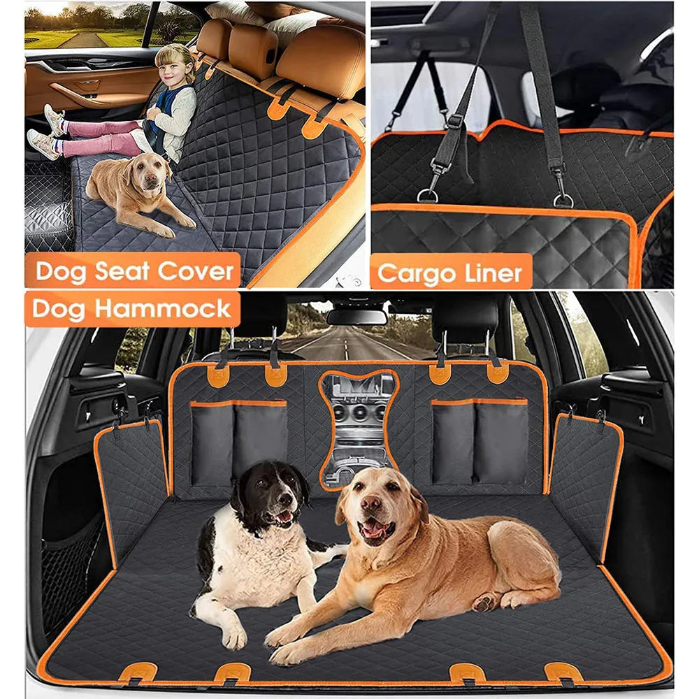 Black and orange edged waterproof pet car mat laid flat, showing mesh window and rear accessory pocket