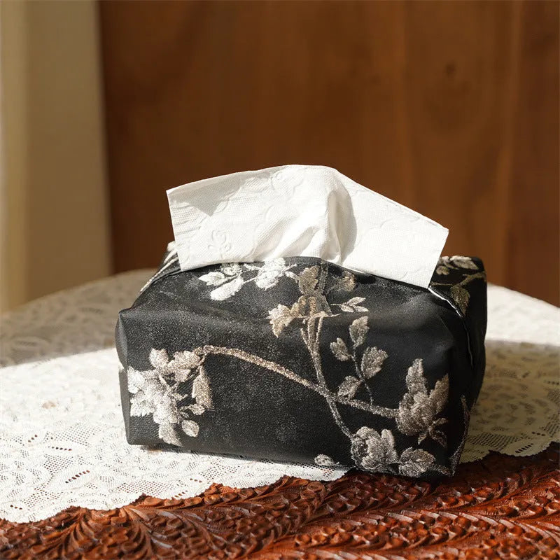 White plum embroidered Chinese brocade fabric tissue box cover with optional pearl buckle