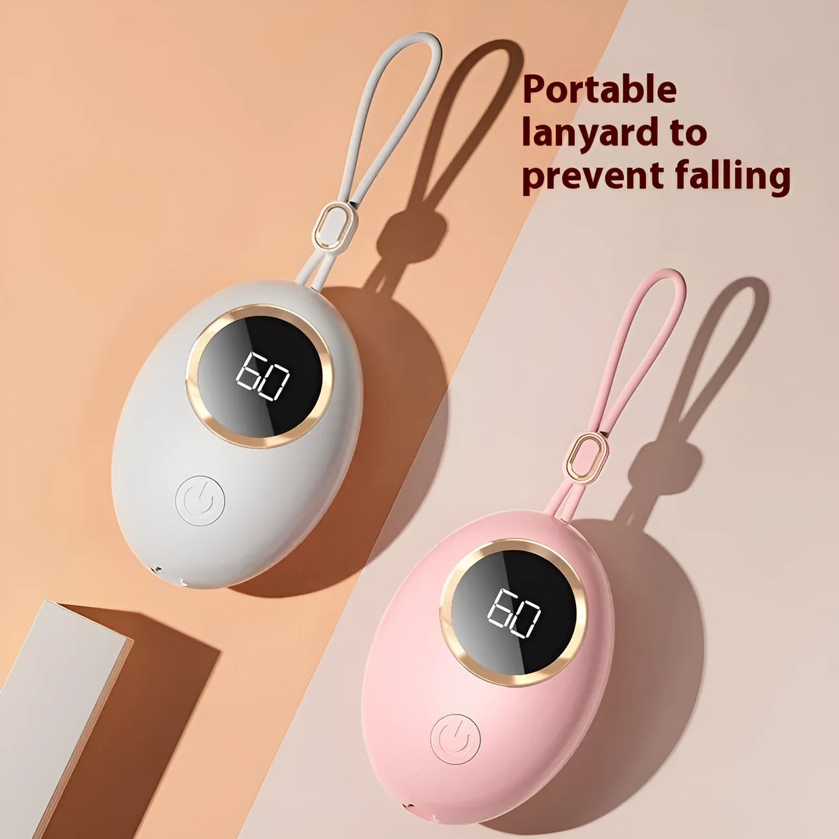 USB-powered hand warmer power bank with digital display showing aluminium heat dissipation surface in multiple colour options