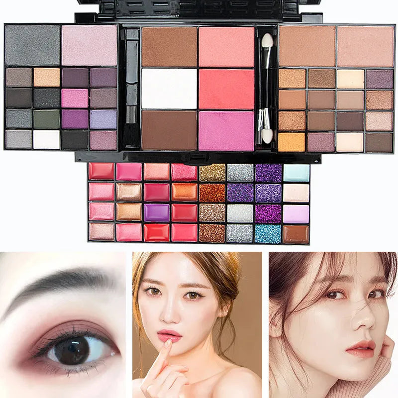74 colour makeup palette set with four powder plates, a mirror, and included eyeshadow stick, contour brush, and lip brush