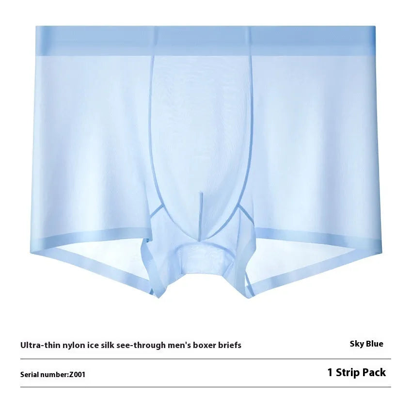 Men's ice silk boxer briefs in seamless traceless design showing white, purple, pink, sky blue and black colour options